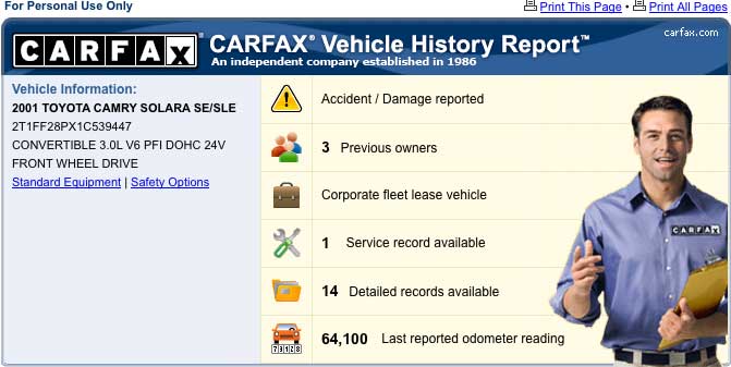 CARFAX SAMPLE VEHICLE HISTORY REPORT